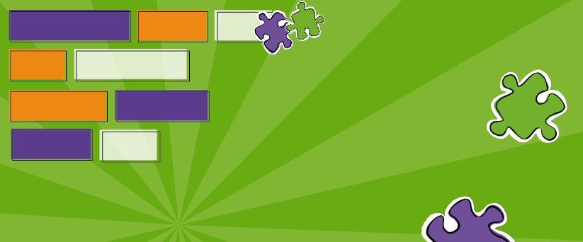 Una grafica verde acceso con degli rettangoli e dei pezzi di puzzle viola e arancioni Una grafica verde acceso con degli rettangoli e dei pezzi di puzzle viola e arancioni
